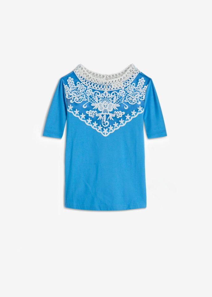 Shirt mit Häkel-Spitze  in blau von vorne - BODYFLIRT boutique