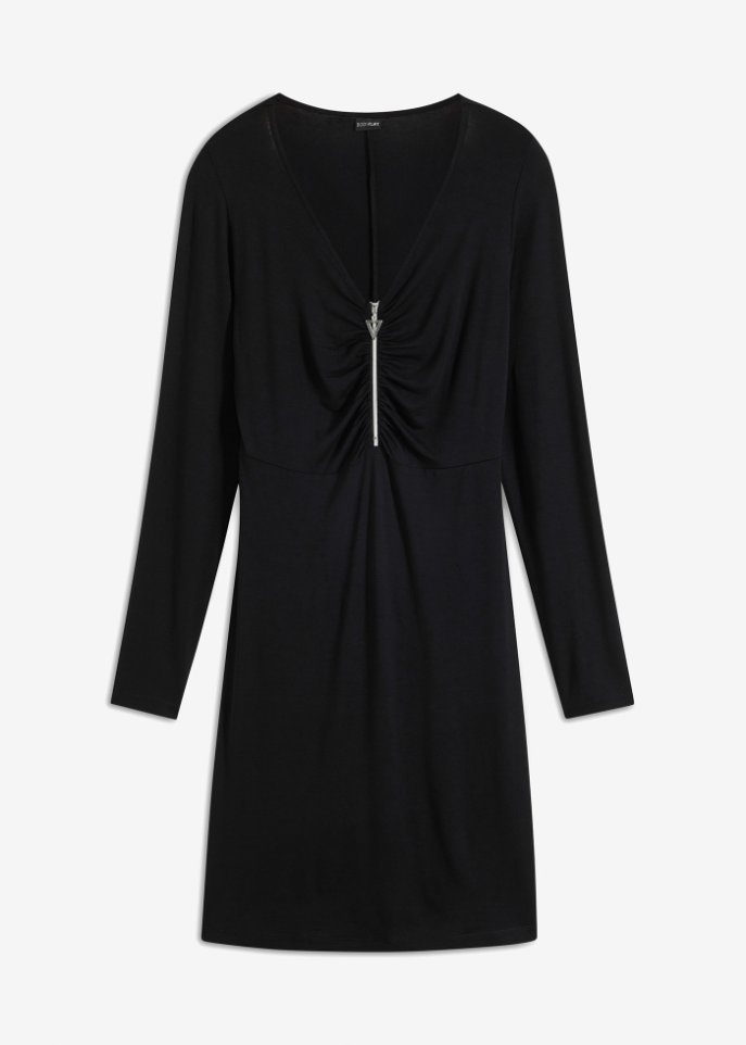 Jerseykleid mit Reißverschluss in schwarz von vorne - BODYFLIRT