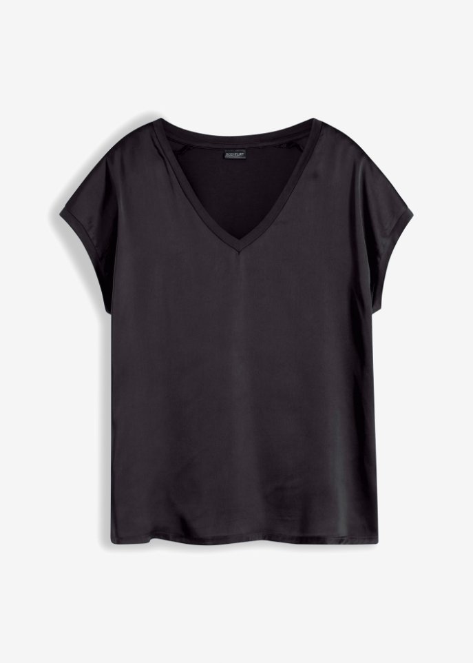 Shirt mit Satineinsatz in schwarz von vorne - BODYFLIRT