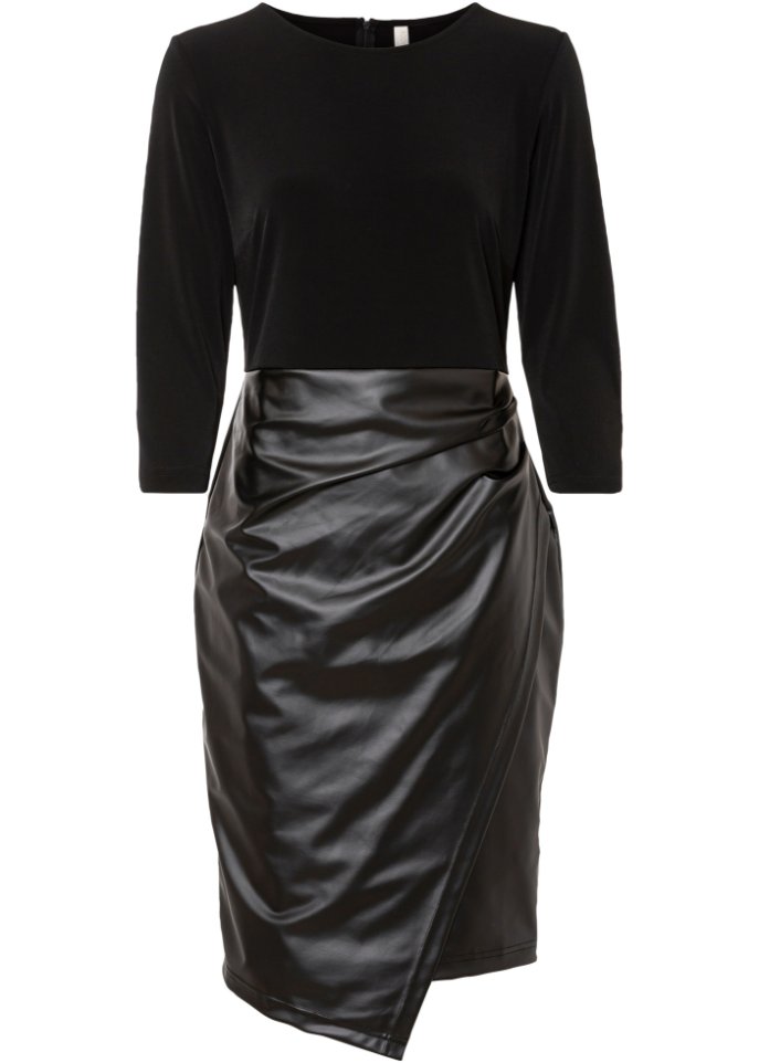 Kleid mit Lederimitat in schwarz von vorne - BODYFLIRT boutique