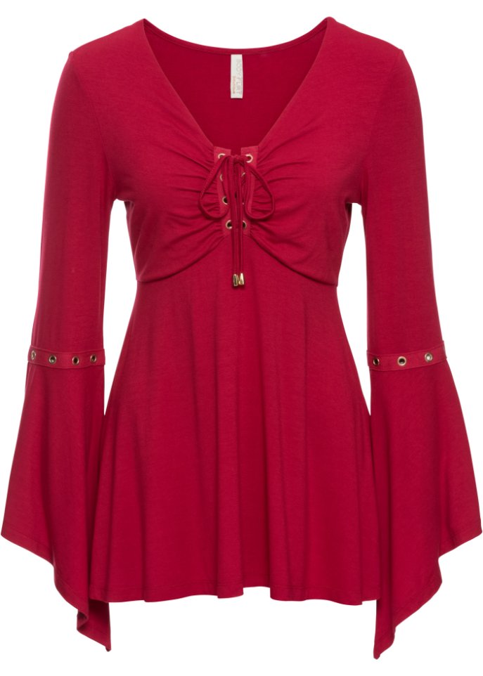 Langarmshirt mit Ösen und Schnürung in rot von vorne - BODYFLIRT boutique