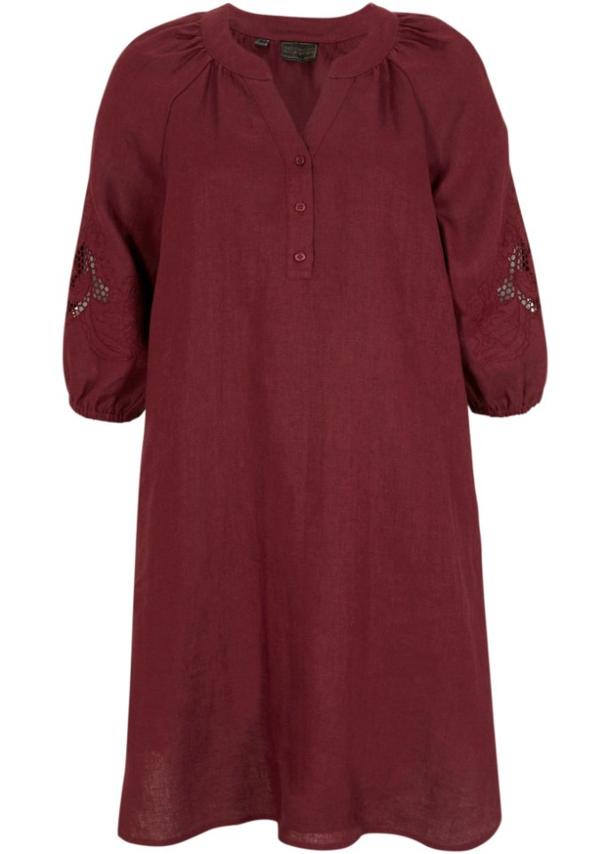 Leinen-Kleid mit Lochstickerei  in rot von vorne - bonprix PREMIUM