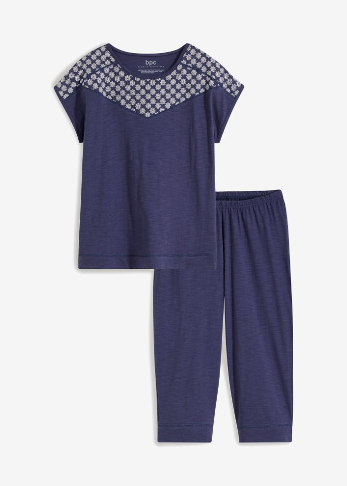 Capri Pyjama aus leichter Baumwolle mit Stickerei in blau von vorne - bpc bonprix collection