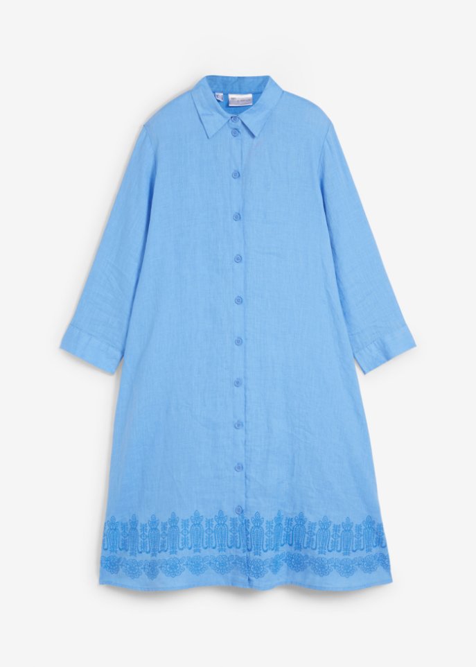 Hemdblusenkleid aus reinem Leinen mit Lochstickerei in blau von vorne - bonprix PREMIUM