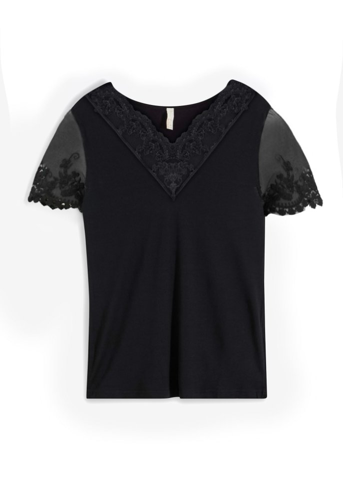 Shirt mit Spitze in schwarz von vorne - BODYFLIRT boutique