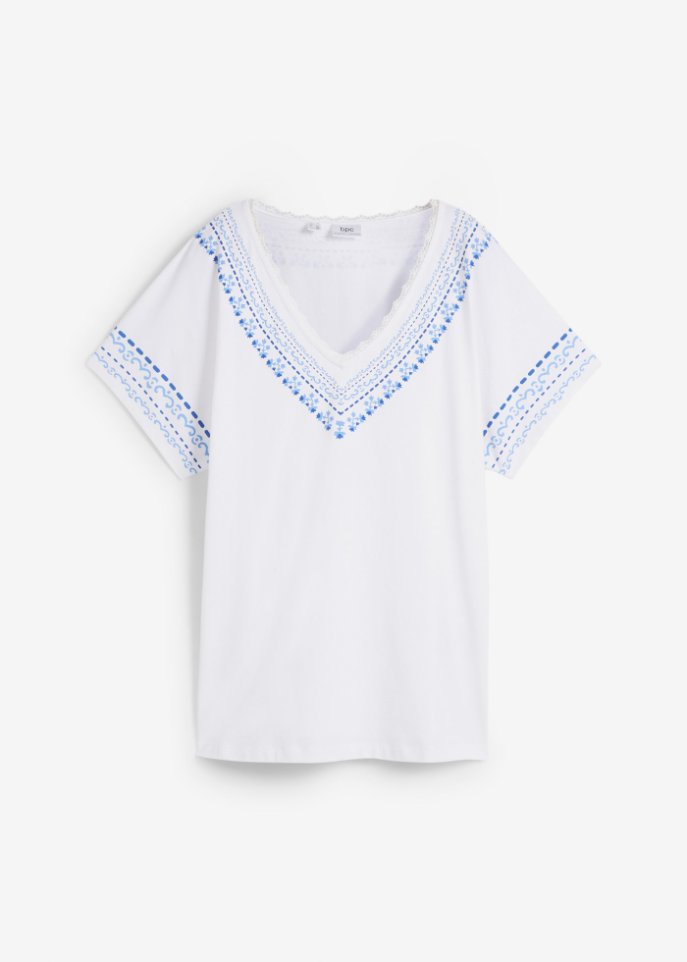 Bequem geschnittenes T-Shirt mit Stickerei-Print mit Bio-Baumwolle in weiß von vorne - bpc bonprix collection