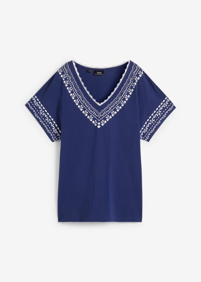 Bequem geschnittenes T-Shirt mit Stickerei-Print mit Bio-Baumwolle in blau von vorne - bpc bonprix collection