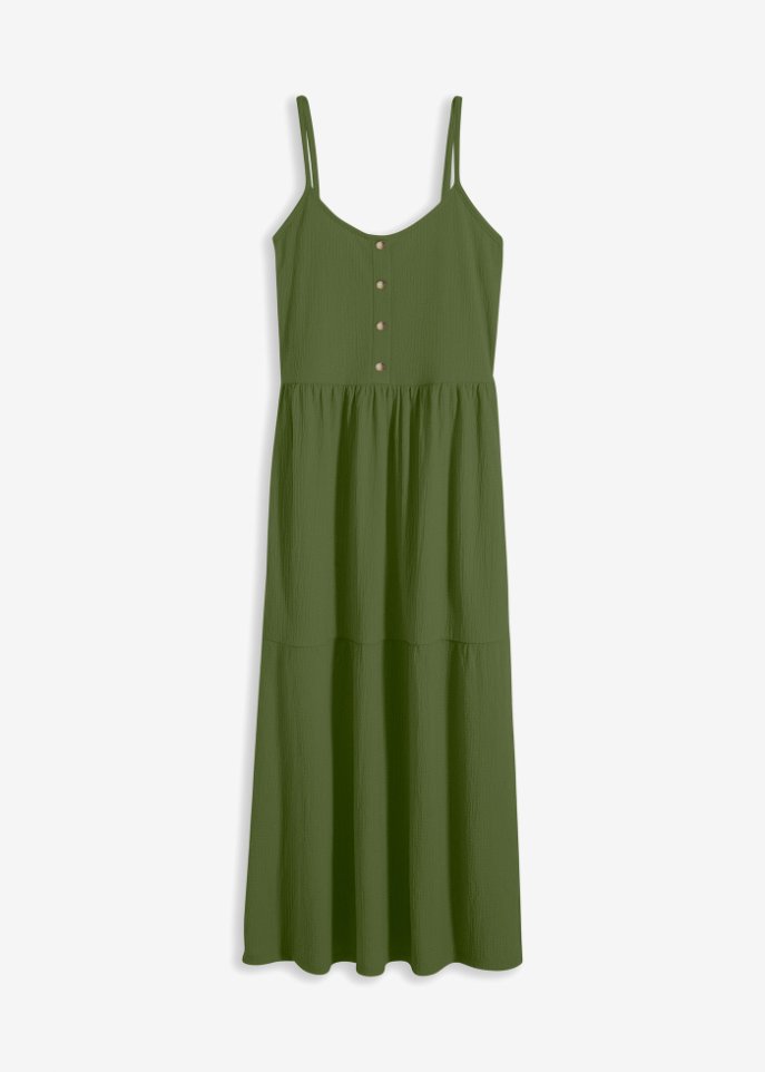 Jersey-Kleid in Midi-Länge mit Volants und dekorativer Knopfleiste in grün von vorne - bpc bonprix collection