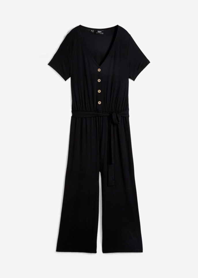 Jersey-Jumpsuit mit V-Ausschnitt, kurzarm in schwarz von vorne - bpc bonprix collection