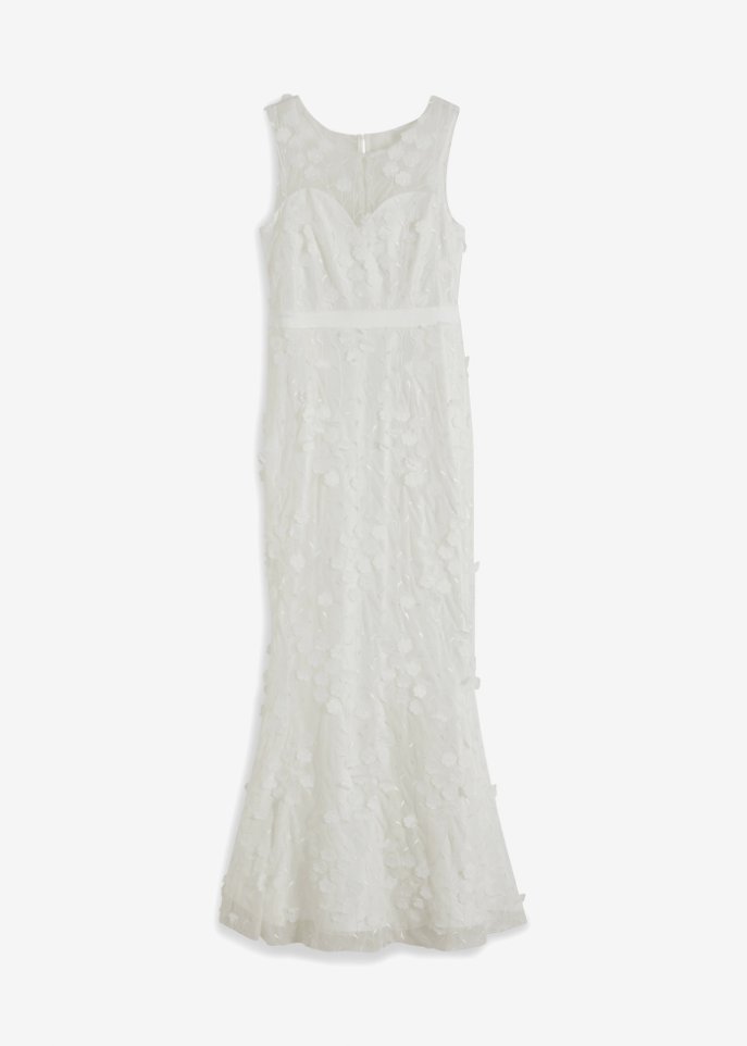 Brautkleid in Mesh mit Blümchen-Applikation in weiß von vorne - BODYFLIRT boutique
