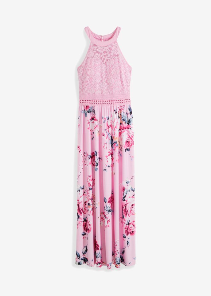Sommer-Maxikleid mit Blumen-Print und Spitze in rosa von vorne - BODYFLIRT boutique
