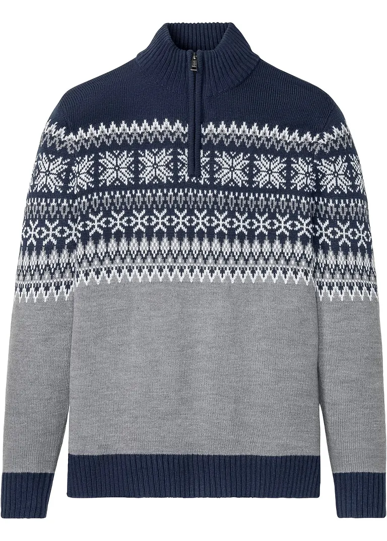 Norweger-Pullover mit Troyerkragen in grau von vorne - bonprix Norweger-Pullover mit Troyerkragen in grau von vorne - bonprix