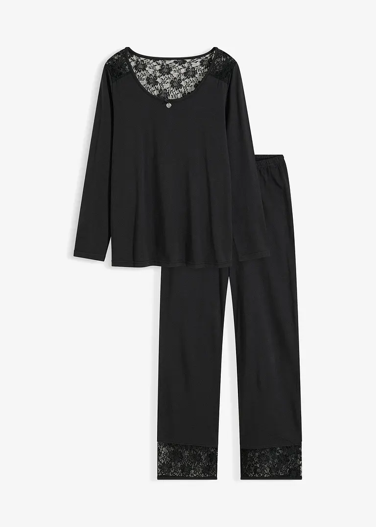 Pyjama mit Spitze und Herzapplikation in schwarz von vorne - bonprix Pyjama mit Spitze und Herzapplikation in schwarz von vorne - bonprix