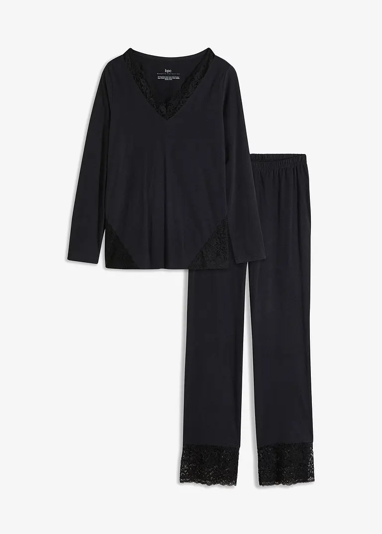Pyjama aus weicher Baumwolle mit Spitze in schwarz von vorne - bonprix Pyjama aus weicher Baumwolle mit Spitze in schwarz von vorne - bonprix