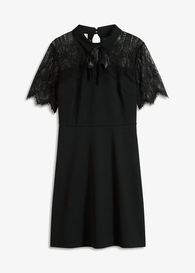 Minikleid aus strukturiertem Crêpe mit Spitzen-Einsatz in schwarz von vorne - bonprix Minikleid aus strukturiertem Crêpe mit Spitzen-Einsatz in schwarz von vorne - bonprix