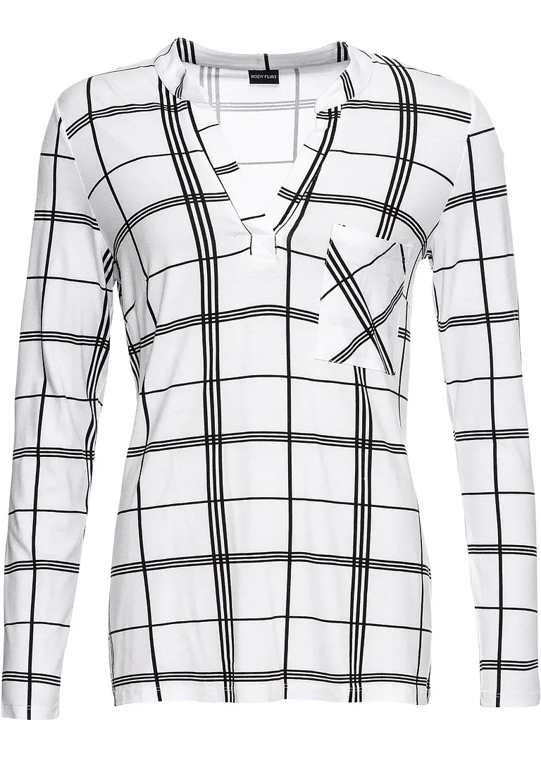 Langarmshirt mit Karo-Muster in weiß von vorne - BODYFLIRT Langarmshirt mit Karo-Muster in weiß von vorne - BODYFLIRT