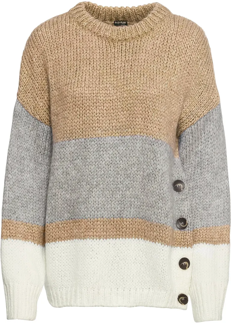 Gestreifter Oversize-Pullover mit Knöpfen in beige von vorne - bonprix Gestreifter Oversize-Pullover mit Knöpfen in beige von vorne - bonprix