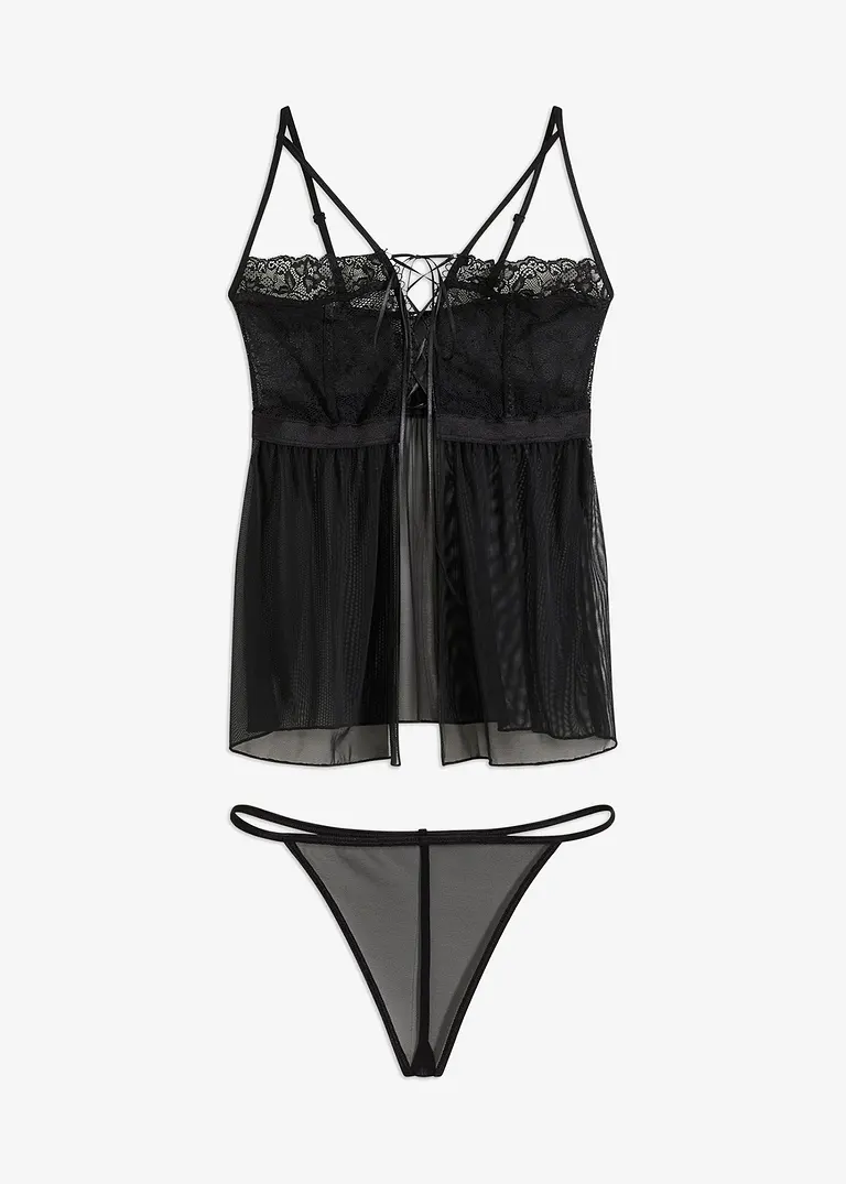 Babydoll und String (2-tlg.Set) in schwarz von vorne - bonprix Babydoll und String (2-tlg.Set) in schwarz von vorne - bonprix