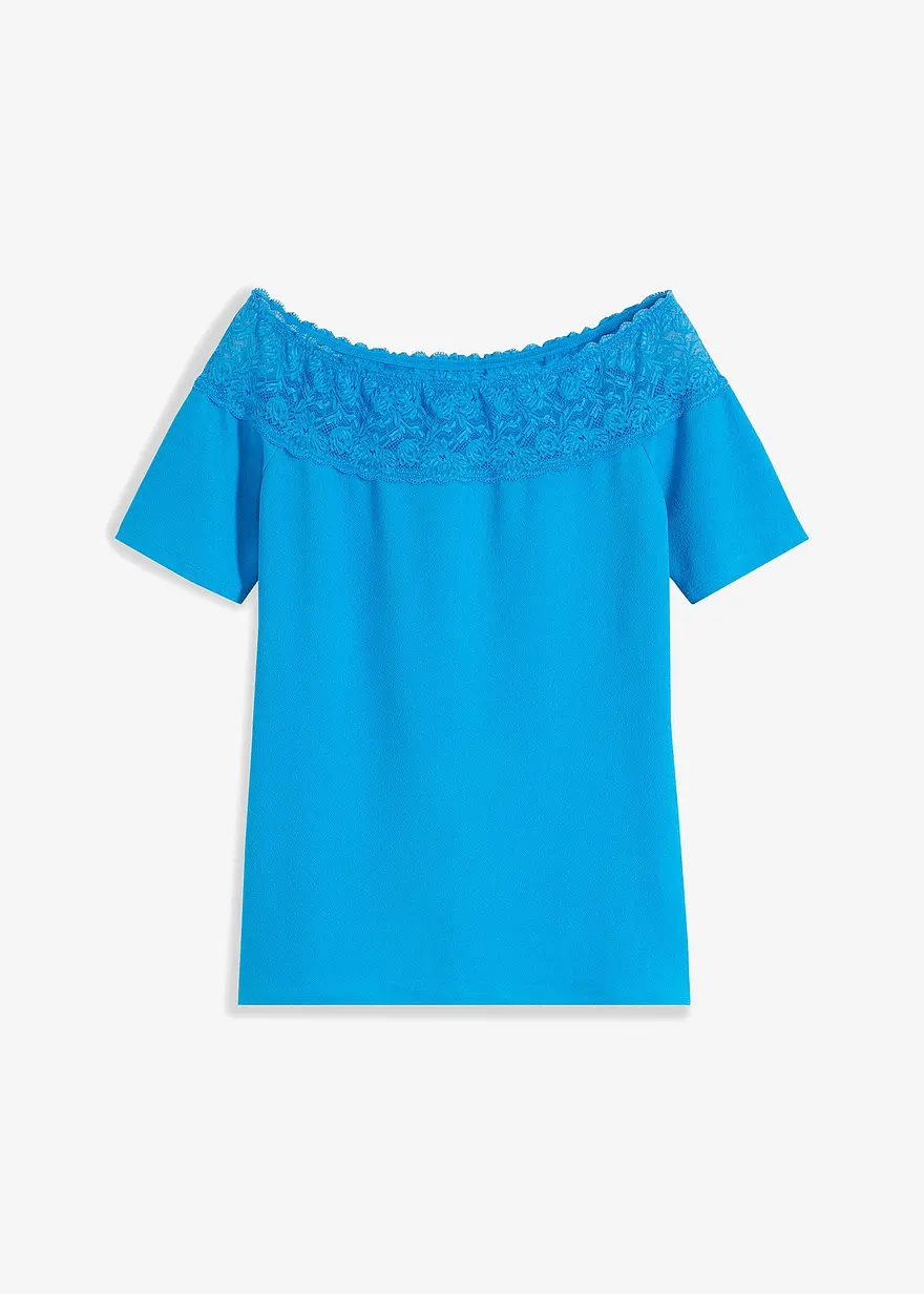 Carmenshirt mit Spitze, struckturiert in blau von vorne - BODYFLIRT boutique Carmenshirt mit Spitze, struckturiert in blau von vorne - BODYFLIRT boutique