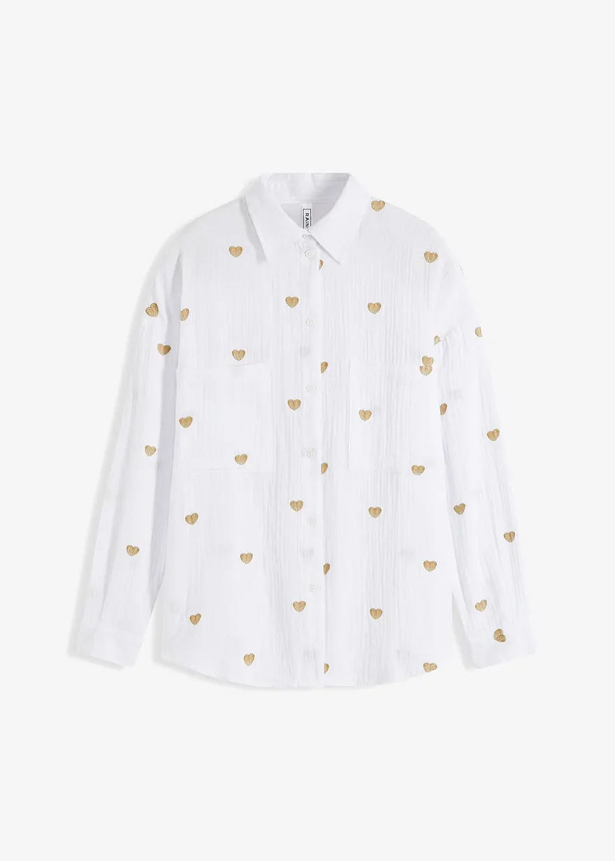 Locker geschnittene Musselin-Bluse mit Stickerei in weiß von vorne - bonprix Locker geschnittene Musselin-Bluse mit Stickerei in weiß von vorne - bonprix