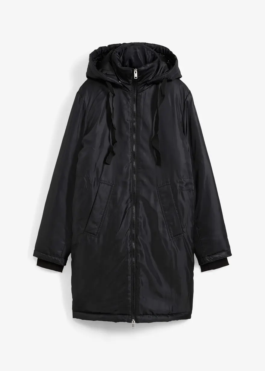Wattierter Parka mit abnehmbarer Kapuze und Taillenregulierung in schwarz von vorne - bonprix Wattierter Parka mit abnehmbarer Kapuze und Taillenregulierung in schwarz von vorne - bonprix