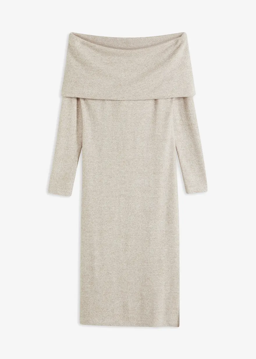 Midikleid mit Carmenausschnitt in beige von vorne - bonprix Midikleid mit Carmenausschnitt in beige von vorne - bonprix