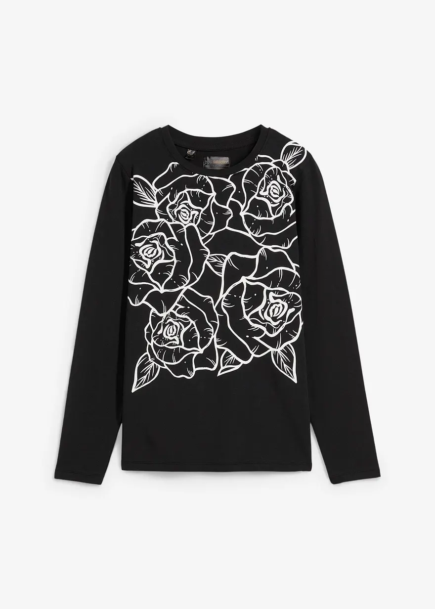 Langarmshirt mit Rosendruck in schwarz von vorne - bonprix Langarmshirt mit Rosendruck in schwarz von vorne - bonprix