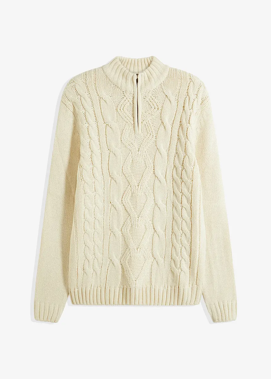 Troyer Pullover mit Zopfmuster in beige von vorne - bonprix Troyer Pullover mit Zopfmuster in beige von vorne - bonprix