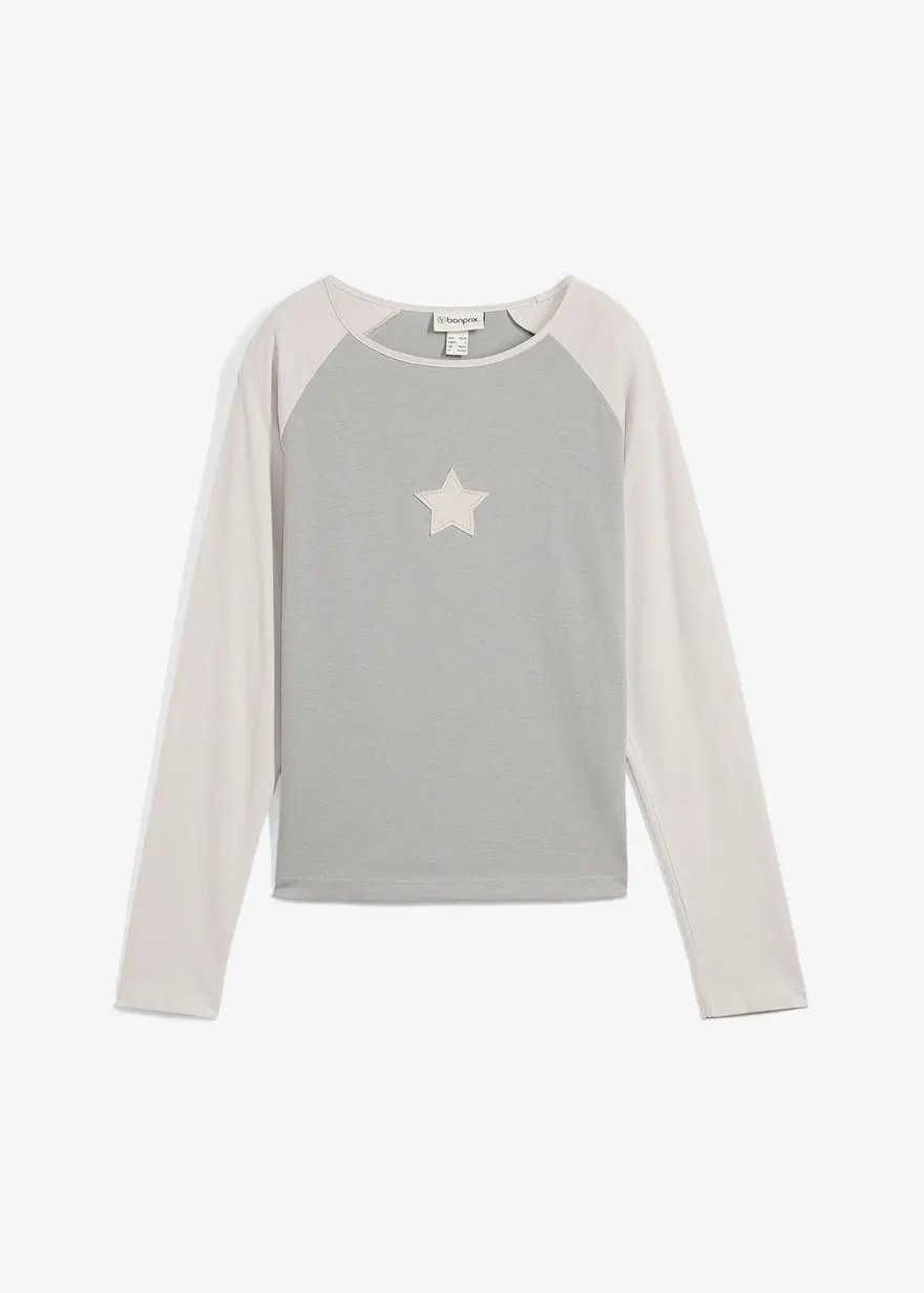 Zweifarbiges Langarmshirt mit Stickerei in grau von vorne - bonprix Zweifarbiges Langarmshirt mit Stickerei in grau von vorne - bonprix