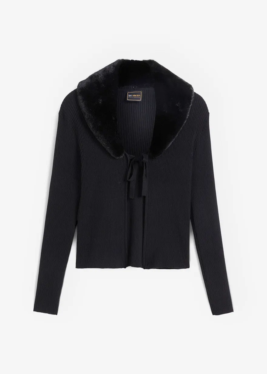 Strickjacke mit Webpelz in schwarz von vorne - bonprix Strickjacke mit Webpelz in schwarz von vorne - bonprix