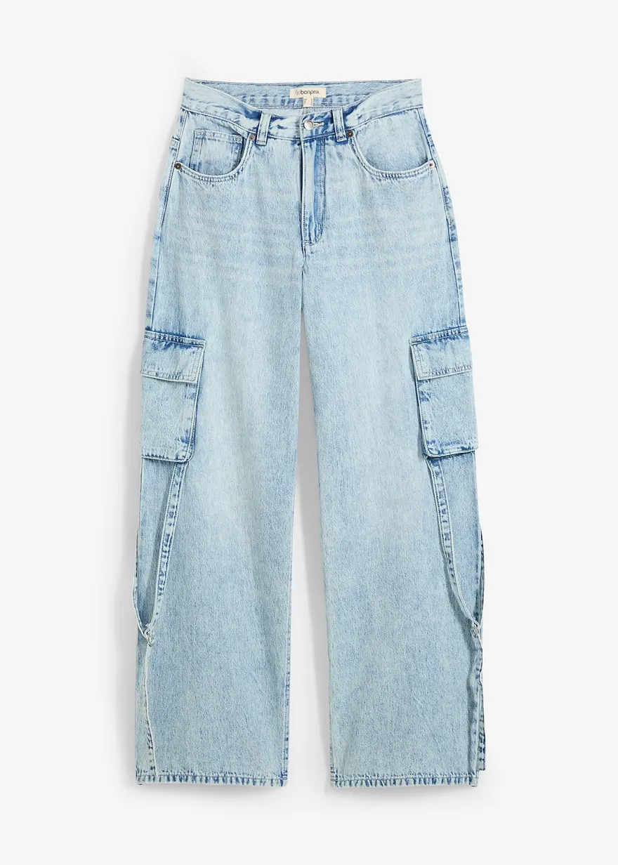 Cargo Jeans Mid Waist, Low Stretch Full Length in blau von vorne - bonprix Cargo Jeans Mid Waist, Low Stretch Full Length in blau von vorne - bonprix