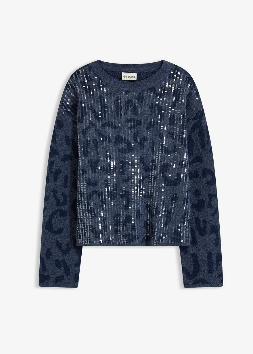 Jacquard Oversize Pullover mit Pailletten in blau von vorne - bonprix Jacquard Oversize Pullover mit Pailletten in blau von vorne - bonprix