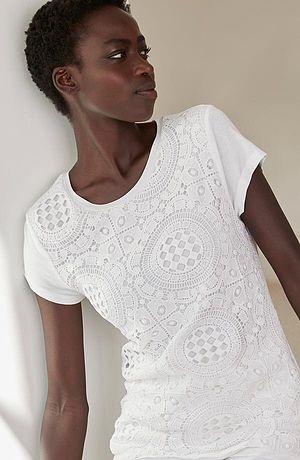 Damen - Shirt mit Häkelspitze - wollweiß