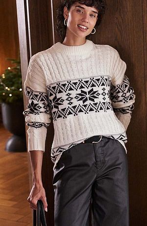 Damen - Norweger-Pullover - wollweiß/schwarz norwegermuster
