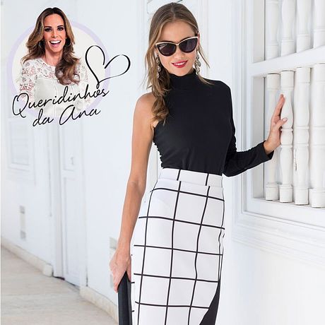 Moda Feminina - Saia assimétrica - branco/preto estampado