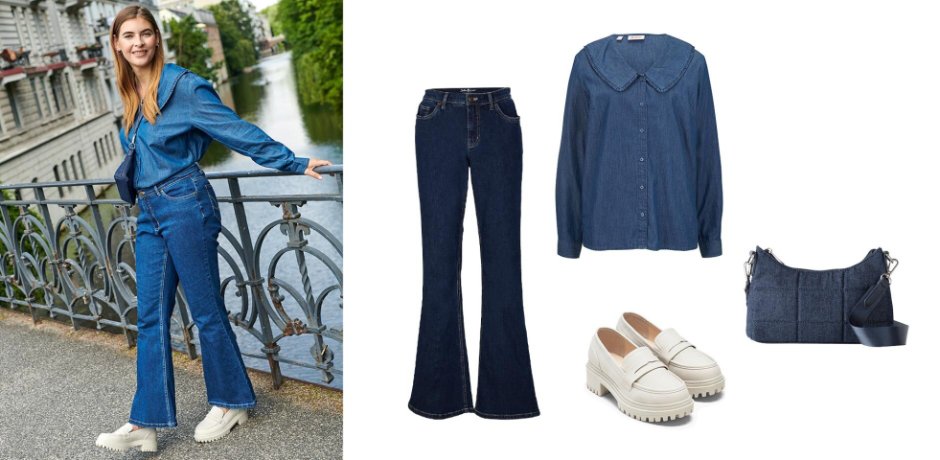 Inspiration - Flared Jeans mit Positive Denim #1 Fabric - blau denim used