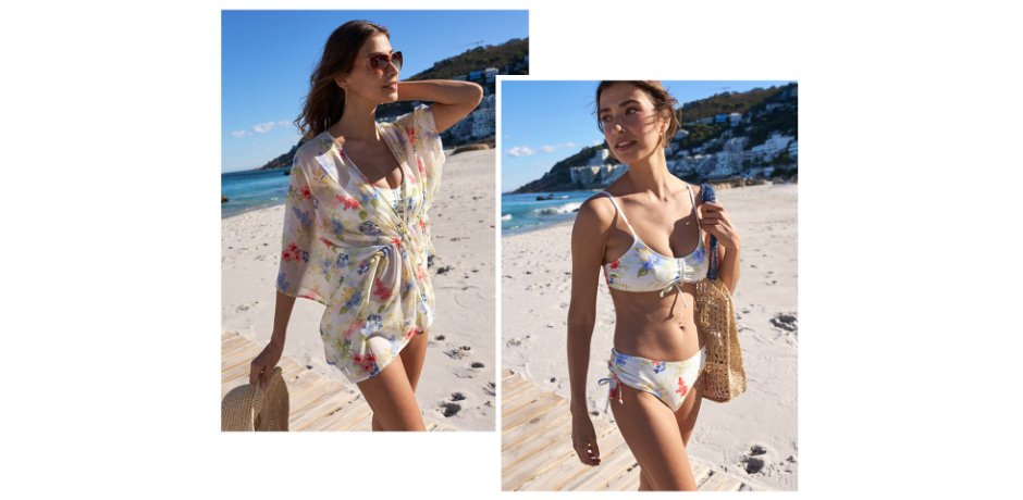 Inspiration - Strand Kimono-Bluse aus recyceltem Polyester - wollweiß/bunt geblümt
