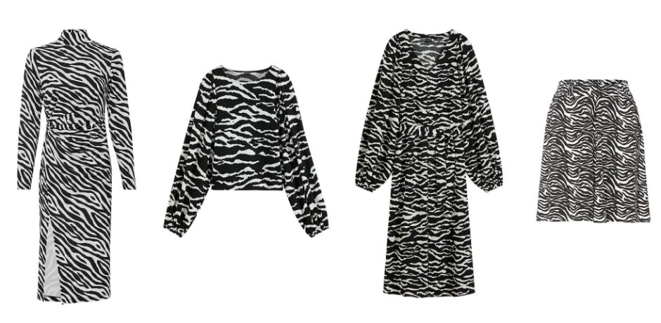 Damen - Kleid mit Schlitz - schwarz/beige zebra bedruckt