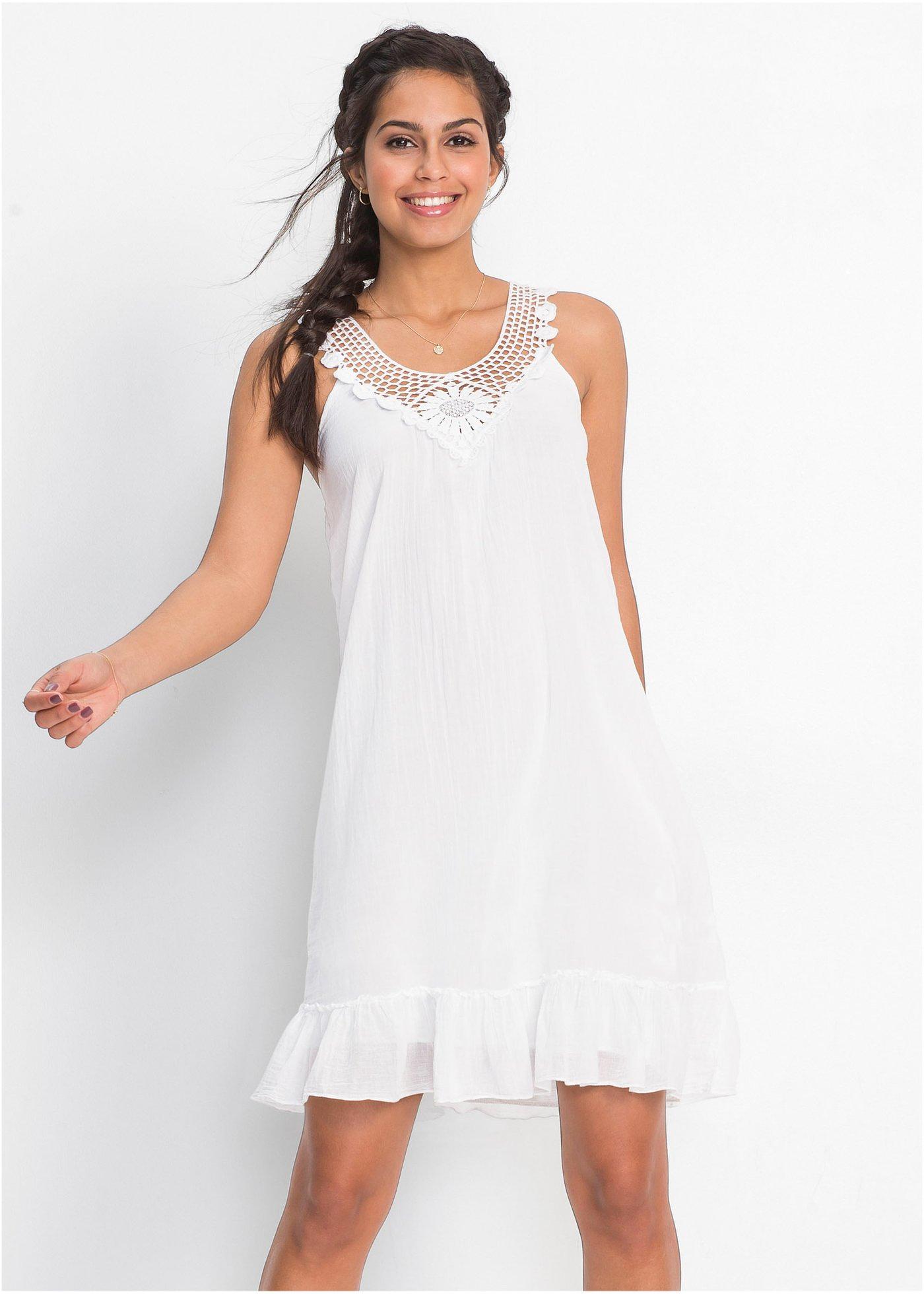 Ärmelloses Kleid mit Spitze und breiten Trägern weiß