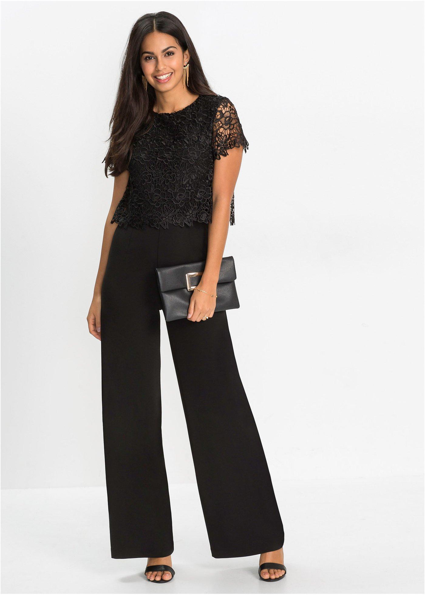 Kurzärmliger Jumpsuit mit Spitze und weitem Bein schwarz