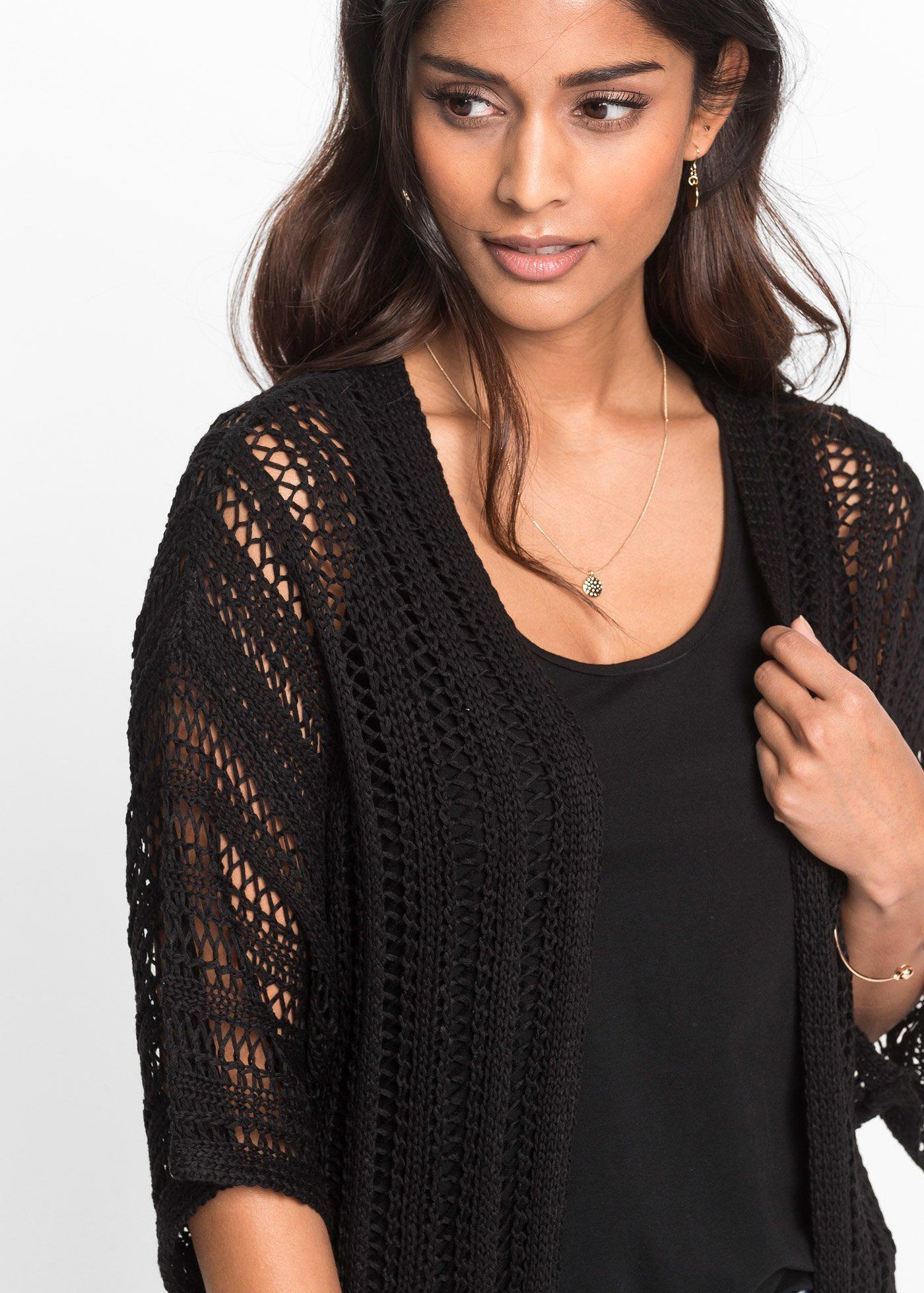 Długi sweter ażurowy bez zapięcia - Bonprix