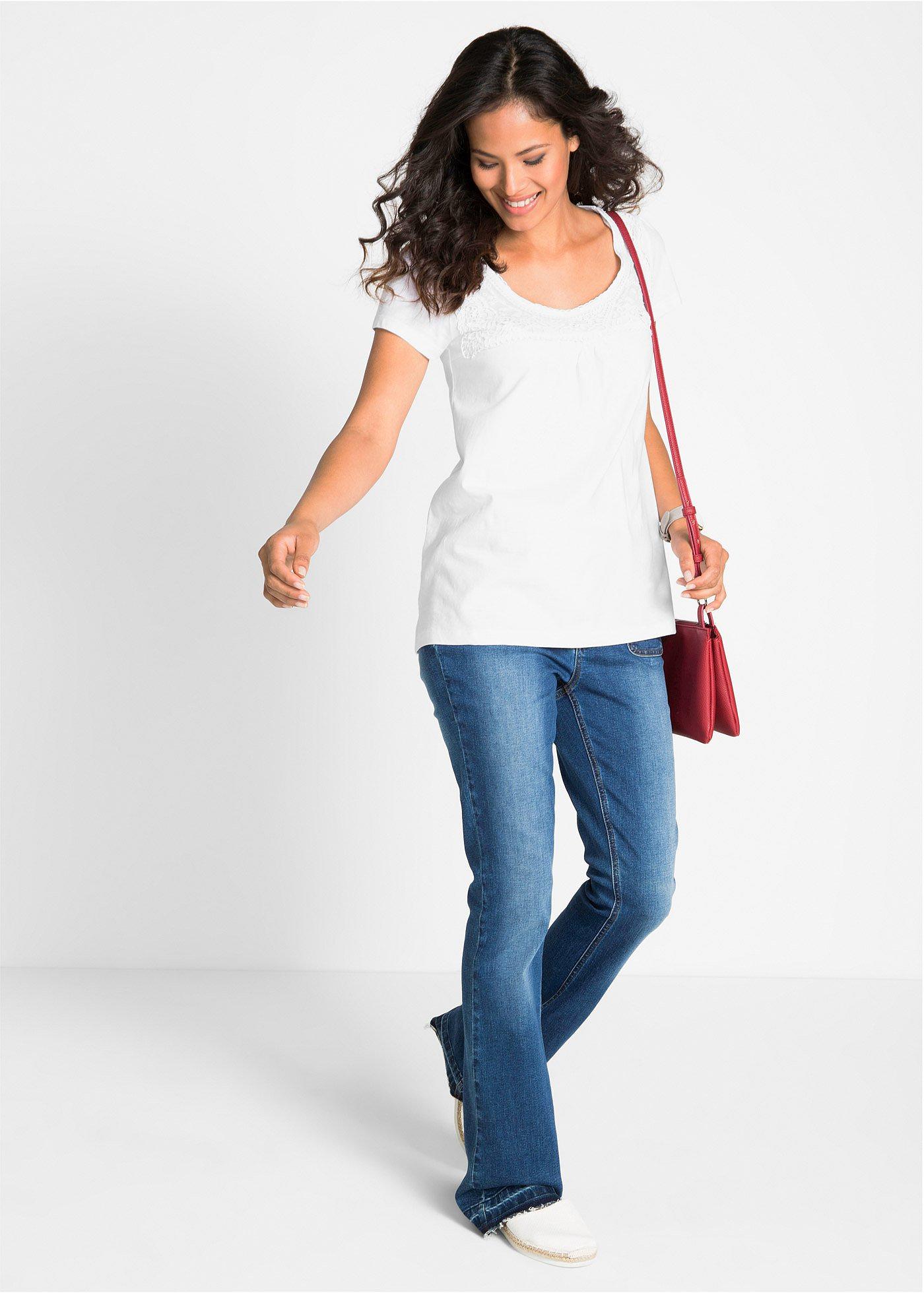 Shirt bawełniany z koronką i krótkim rękawem - Bonprix