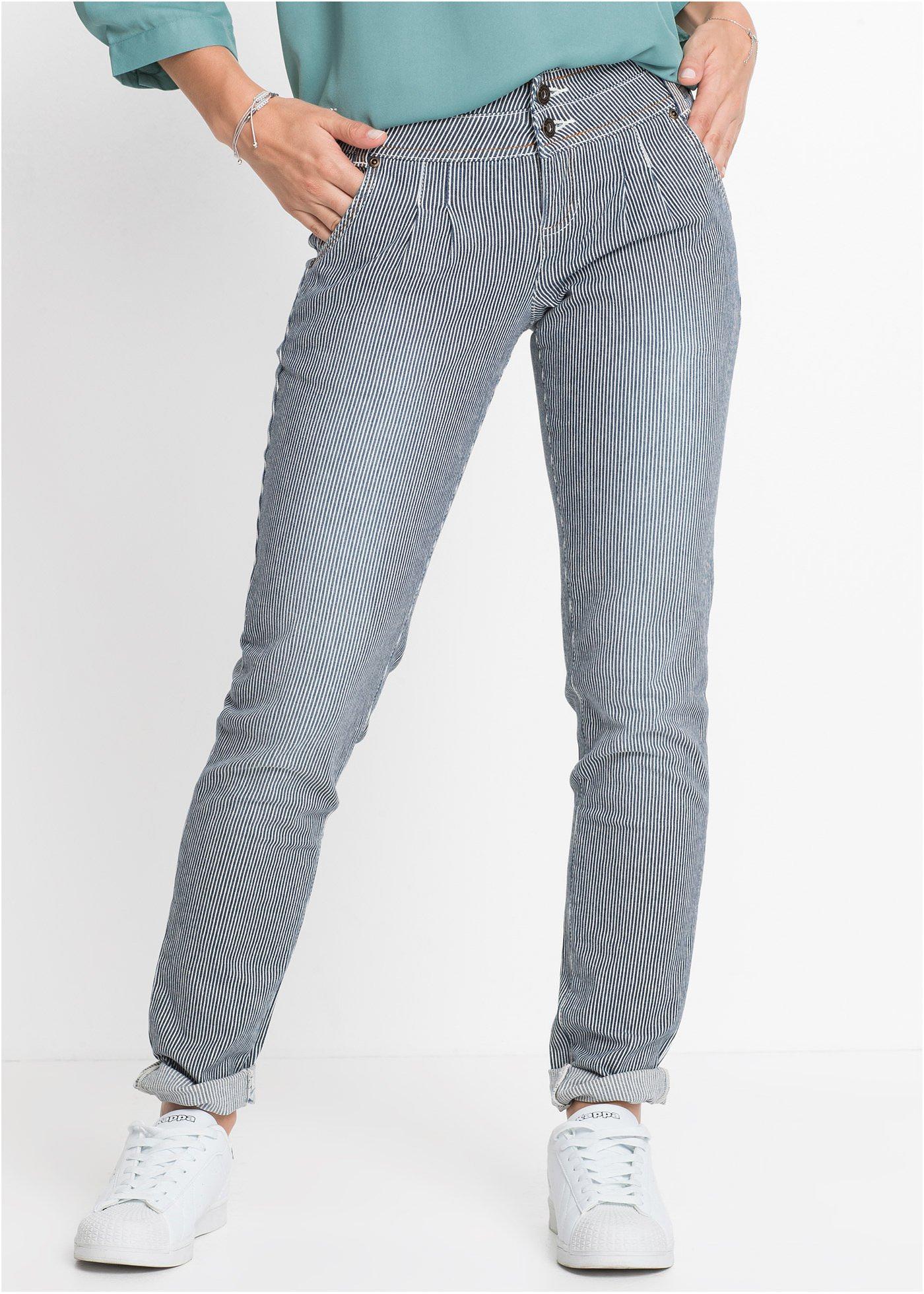 Angesagte BoyfriendJeans mit breitem Bund und modischen Falten dunkelblau gestreift