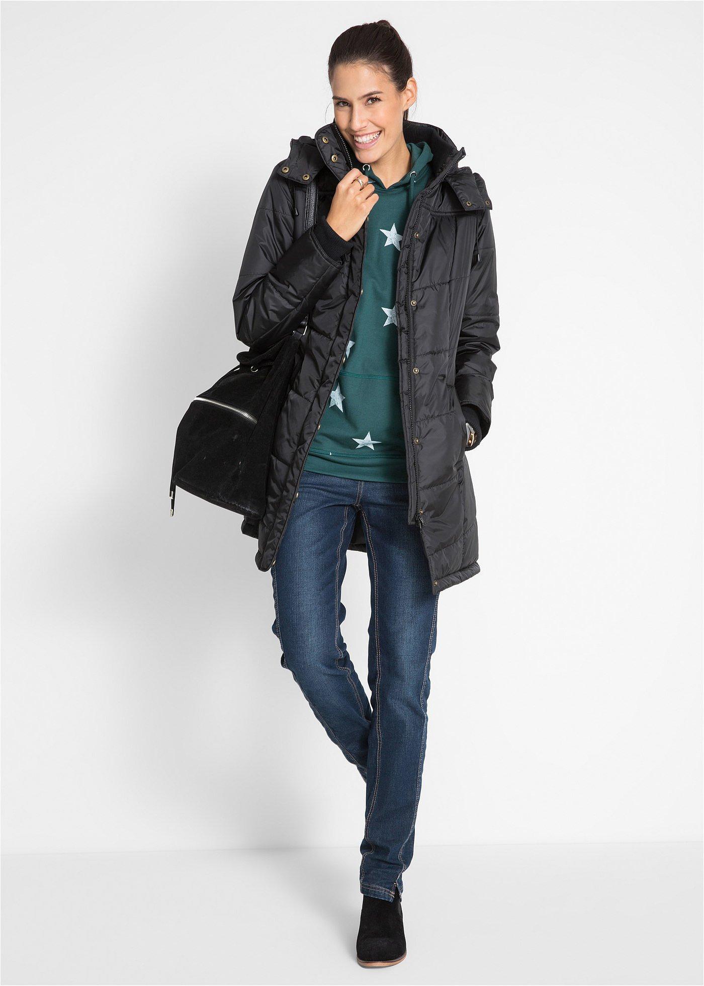 Długa kurtka pikowana, ocieplana, z kołnierzem i kapturem - Bonprix