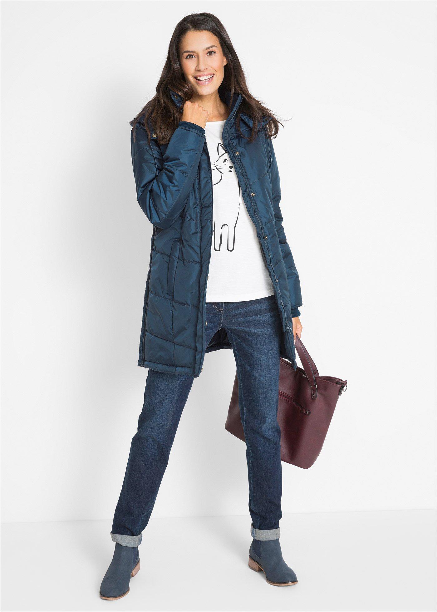 Długa kurtka pikowana, ocieplana, z kołnierzem i kapturem - Bonprix