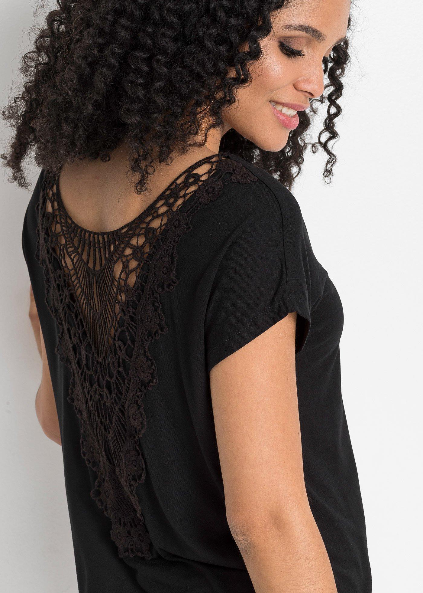 Shirt z szydełkową wstawką - Bonprix