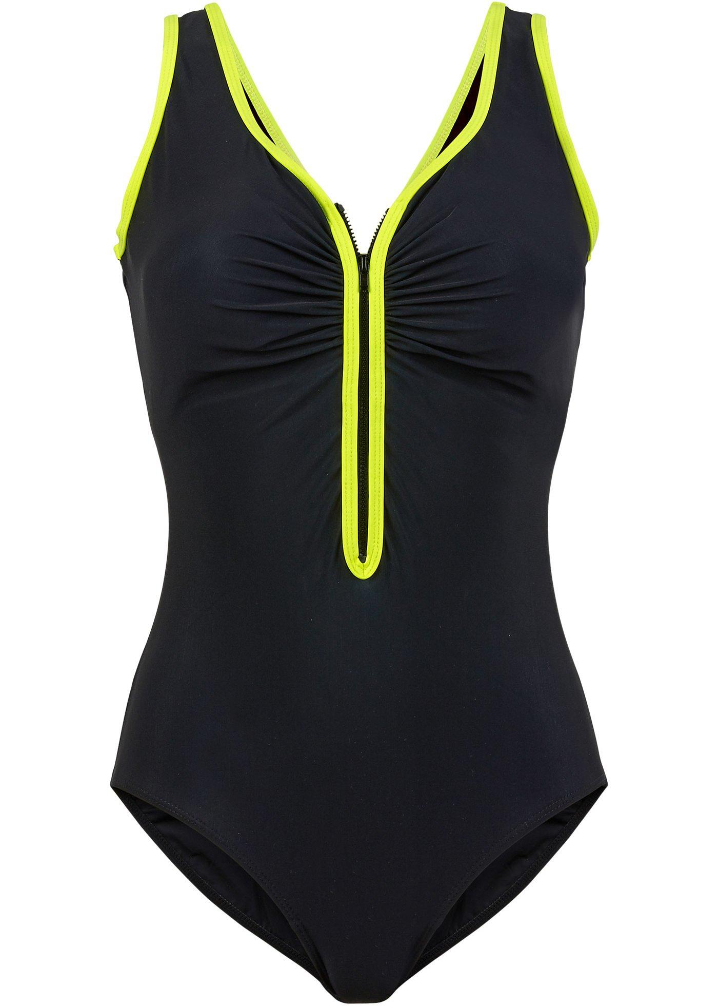 Schöner Shape Badeanzug mit Reißverschluss und Softcups - schwarz/neongelb