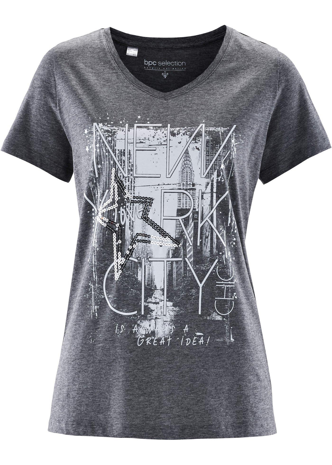 Edles Shirt mit Pailletten grau meliert/weiß/silber bedruckt