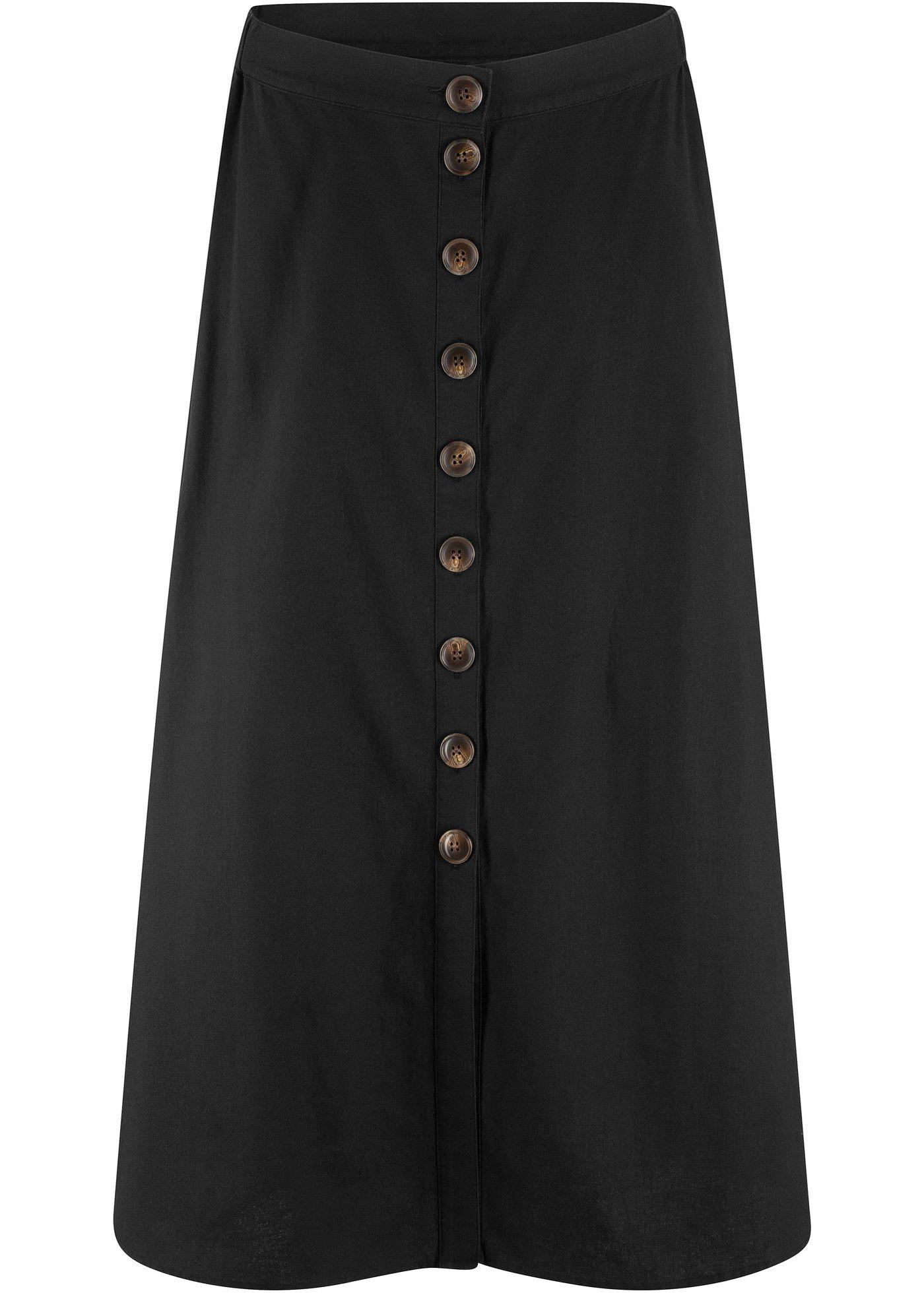 Durchgeknöpfter Maxirock aus Leinen mit teilelastischem Bund - schwarz