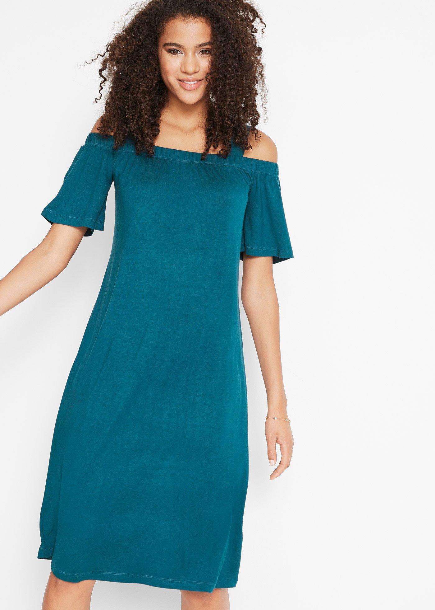 Figurumspielendes ColdShoulderKleid mit breiten Trägern blaupetrol